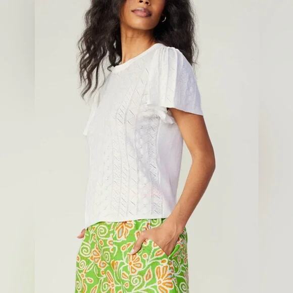 NWT Current Air Flutter Sleeve Pointelle Knit Blouse Top White Women's Size XS - Picture 1 of 16
